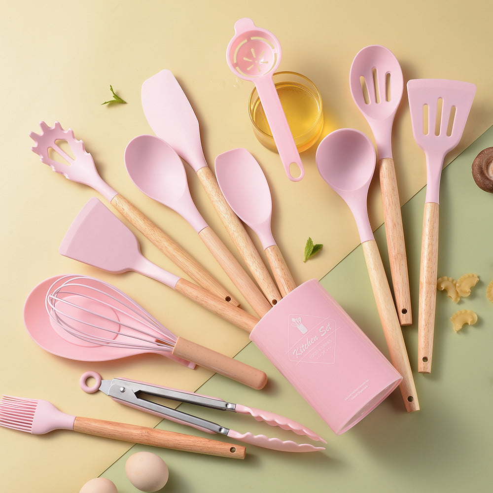 Silicone Kitchenware With Wooden Handle!