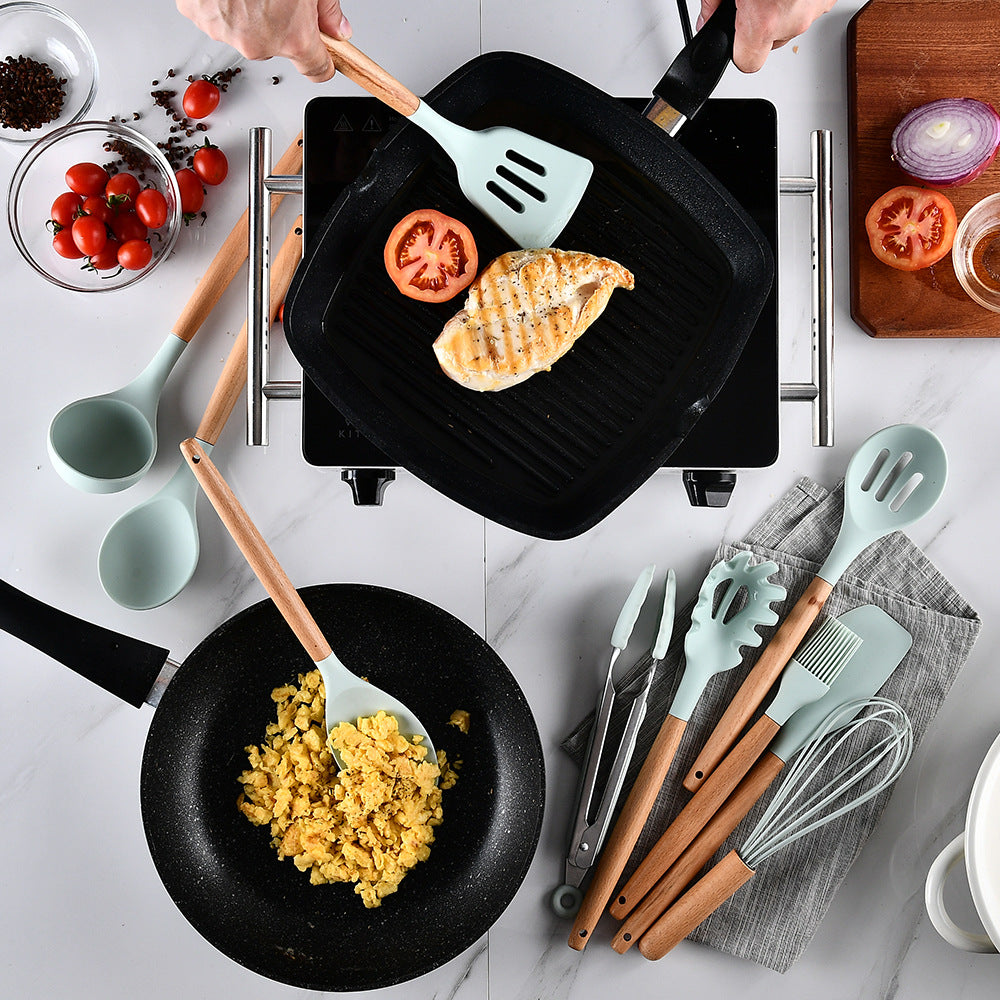 Silicone Kitchenware With Wooden Handle!